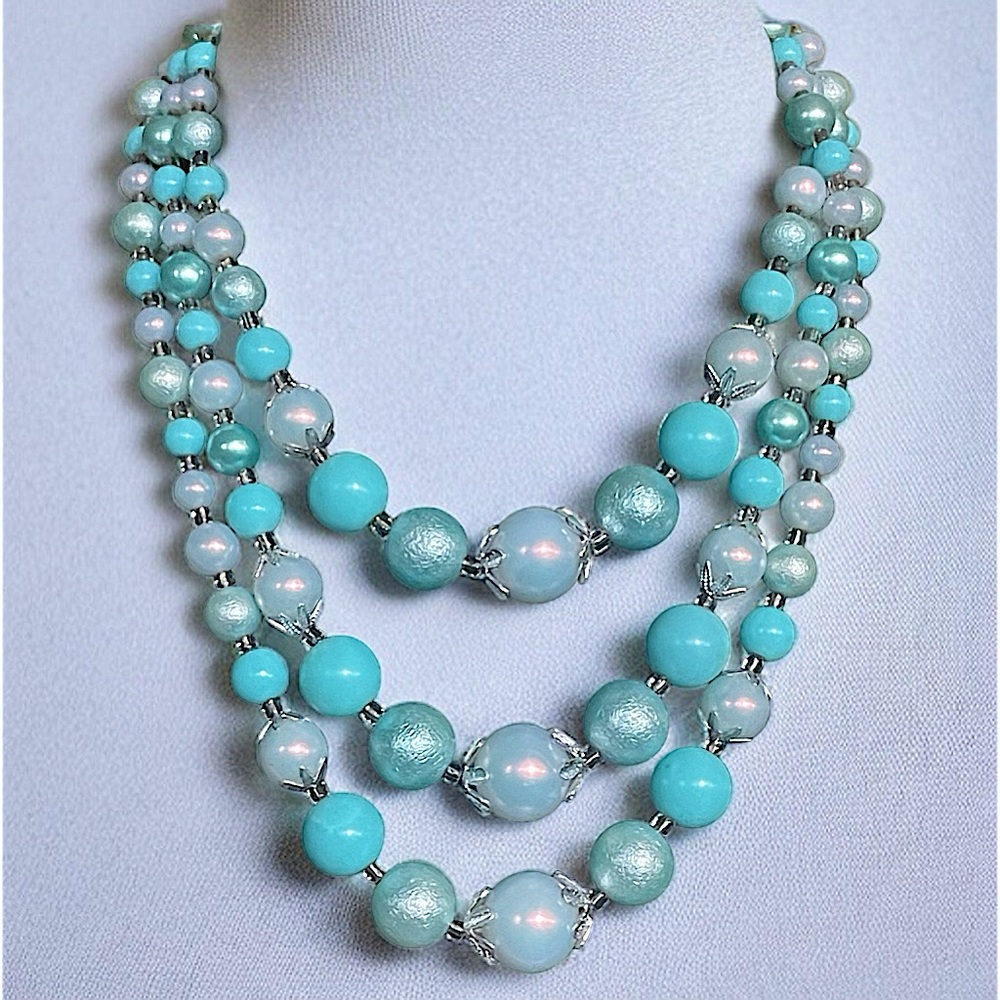 Vintage Signed JAPAN Powder Blue Triple Strand
Necklace